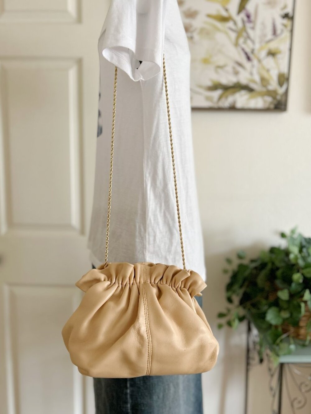 Loeffler Randall Beige Ruched Mini Chain-Handle Bag